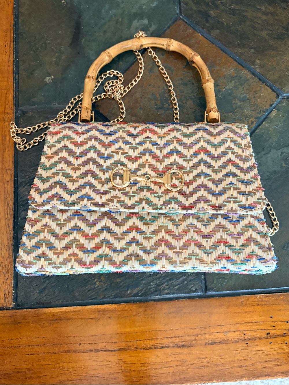 Source Unknown Multicolor Woven Crossbody with Bamboo Handle